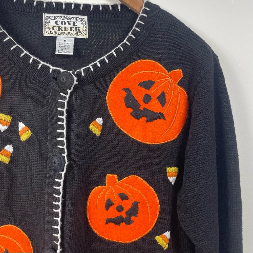 VTG Halloween Cardigan Pumpkin 90s Granny Embroidery Black Med Teacher Sweater - Picture 10 of 16